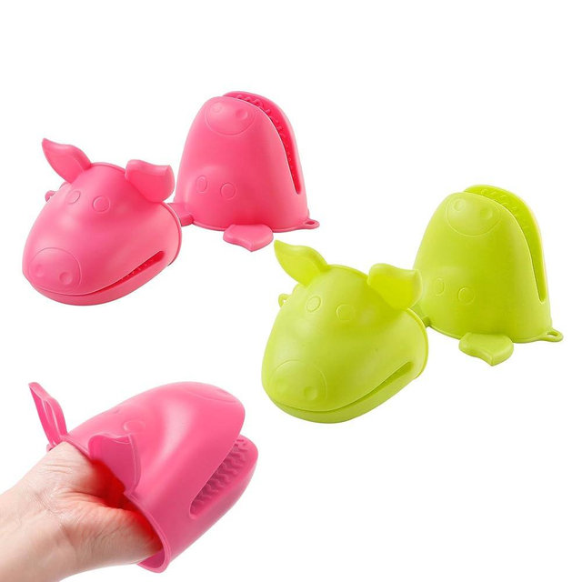 FLYZZA Mini Silicone Oven Gloves Heat Resistant Cooking, Pinch Mitts for Kitchen Cooking & Baking, Mini Rubber Oven Mitts(Green & Pink)
