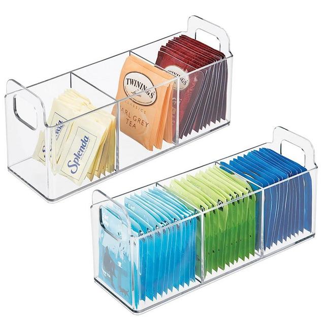 mDesign Plastic Condiment Organizer and Tea Bag Holder - 3-Compartment Kitchen Pantry/Countertop Storage Caddy - Divided Chip, Snack, Oatmeal Packet Holder - Lumiere Collection - 2 Pack, Clear
