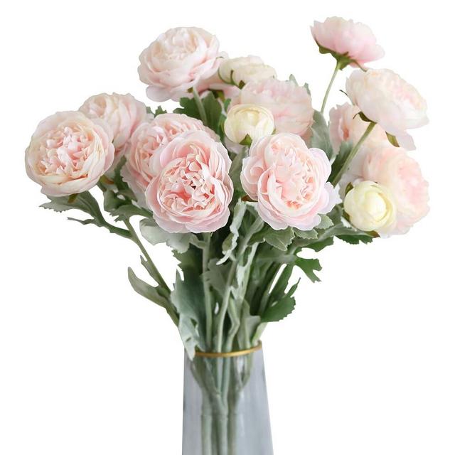 6PCS Artificial Ranunculus Flowers with Real Touch Stem Silk Ranunculus Flowers for Household Arrangement (Pink)