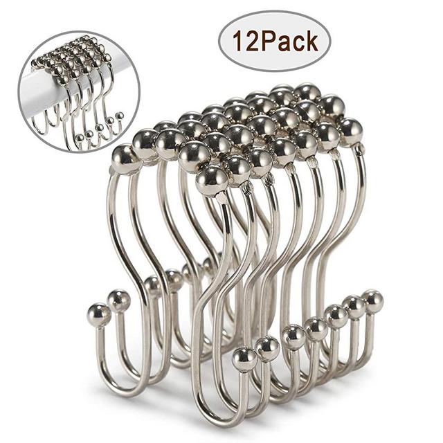 1set 12pcs Polished Nickel Rustproof Stainless Steel Shower Curtain Hooks, Decorative  Bathroom Curtain Rings For Shower Rod