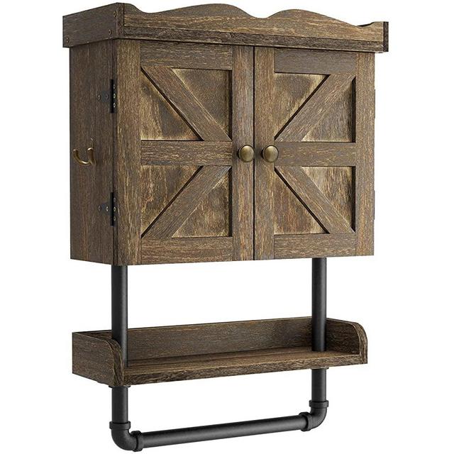 GREENSTELL 25.6x16.1'' Bathroom Wall Cabinet with Adjustable Shelf and 2 Hooks, Double Doors Medicine Cabinet Wall Mounted with Hanging Bar, Light Solid Paulownia Wood Storage Cabinet Kitchen, Brown