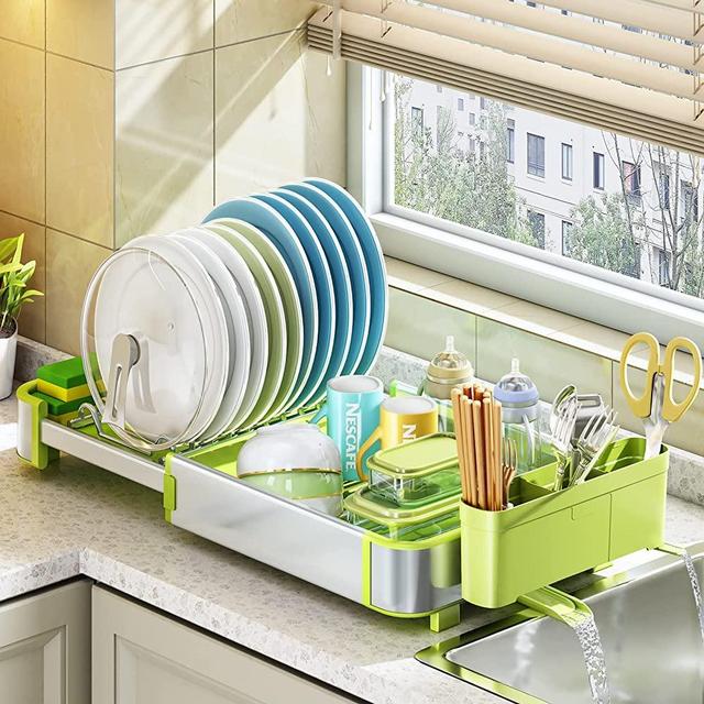 PXRACK Aluminium Dish Drying Rack, Expandable(14.9"-22.2") Dish Racks for Kitchen Counter, Rustproof Kitchen Sink Large Dish Drying Rack with Drainboard with Utensil Holder, Green
