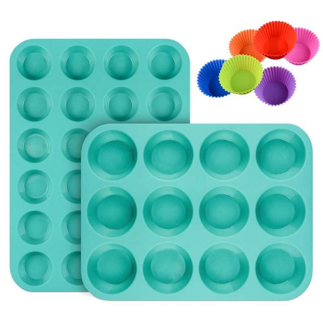 Silicone Muffin Pan Cupcake Set - Mini 24 Cups and Regular 12 Cups Muffin Tin, Nonstick BPA Free Best Food Grade Silicone Molds with Bonus 12 Silicone Baking Cups