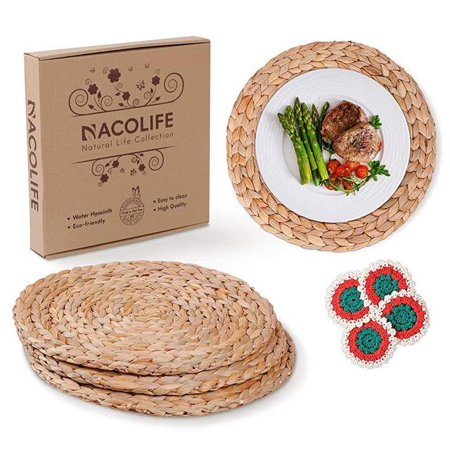 Nacolife Round Woven Placemats - Wicker Placemats Round - Round Woven Chargers Round Placemats for Dinner Plates - Water Hyacinth for Round Tables Set of 4 - Parties and Outdoors│11.8 in 4 Pcs