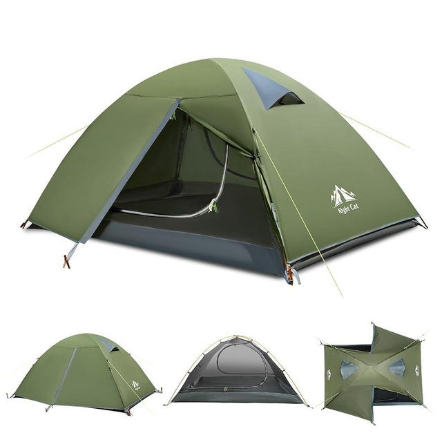 Night Cat 2-Persons Backpacking Tent: Waterproof Lightweight Camping Tent for Two People Hiking Outdoor Mountain with Aluminum Poles and Rainfly Green