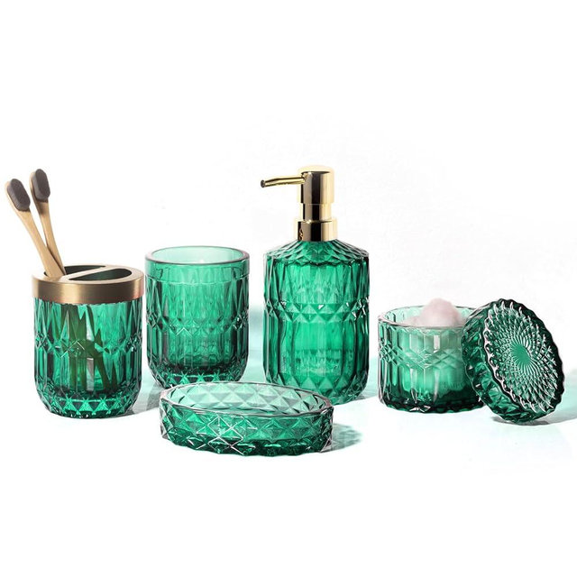 EMPO 6PCS Bathroom Clear Glass Accessories Set (Lotion Soap Dispenser, Soap Dish, Toothbrush Holder, Tumbler, Cotton Swab Jar), Contemporary Modern Decor Crystal Vintage Gift (6pcs Vintage Jade)