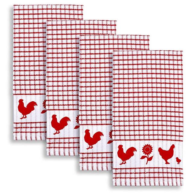 Cackleberry Home Backyard Chickens Windowpane Check Cotton Terrycloth Kitchen Towels, Set of 4 (Red)