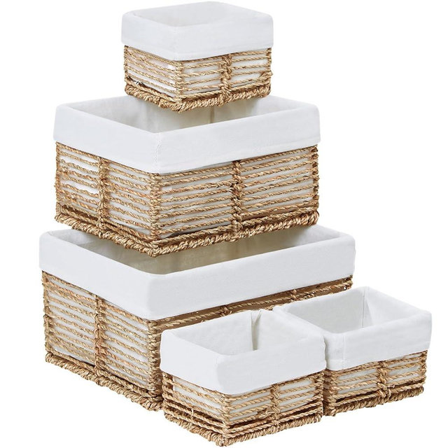 Vagusicc Wicker Storage Basket, 5 Pack Baskets for Organizing, Seagrass Storage Baskets, Rectangular Wicker Baskets for Storage Shelves, Cube Storage Bins For Closet/Clothes/Dresser