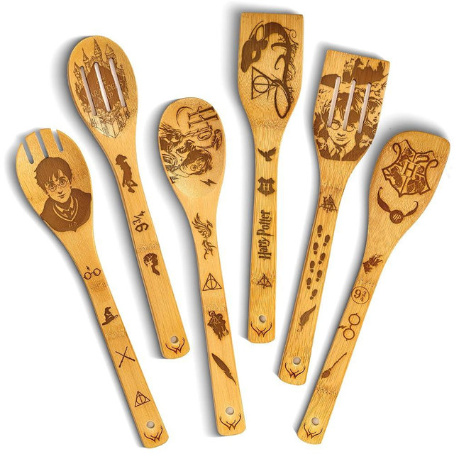 Woodlands-USA Harry Gifts for Kitchen for Potter Fans - Wooden Spoons for Cooking - Magical Wizard Style Bamboo Spoons - wooden Kitchen Utensils Set 6-Piece & Cooking Wooden Spoons