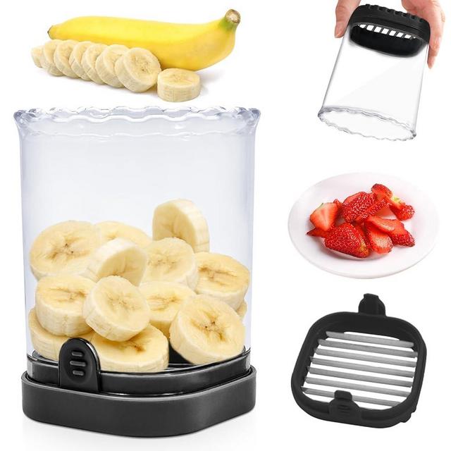 New Fruit Slicer Cup - Strawberry Cutter Fruit and Vegetable Speed Slicer with Push Plate - Stainless Steel Cup Slicer Egg Slicer Fruit Slicer Banana Strawberry Slicer Cup (Black)