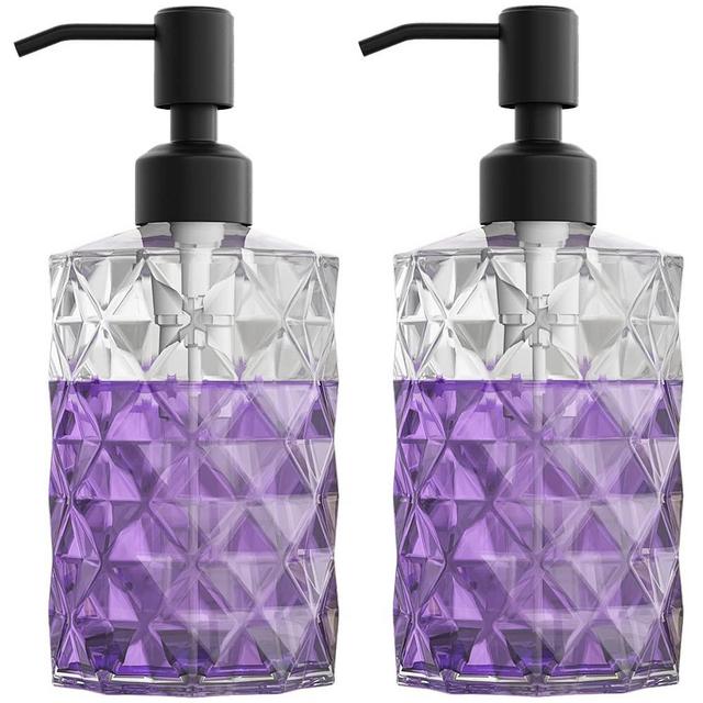 GLADPURE Soap Dispenser - 2 Pack, 12 Oz Clear Diamond Design Glass Refillable Hand Soap Dispensers; with 304 Rust Proof Stainless Steel Pump, Lotion Dispensers for Kitchen, Bathroom- Black