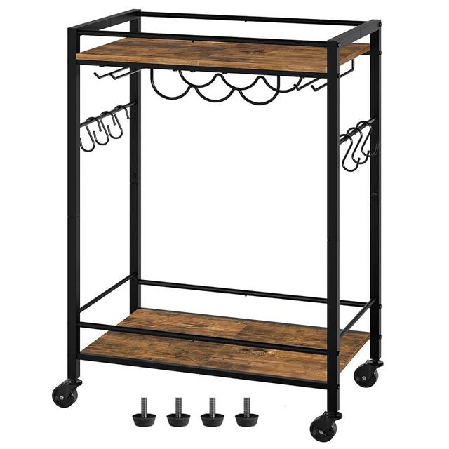 YATINEY Bar Cart, Home Bar Serving Cart, Drink Cart, Kitchen Cart with 6 Hooks, Beverage Cart with Wine Rack and Glass Holder, Wine Cart for Kitchen, Living Room, Rustic Brown and Black BC01BR