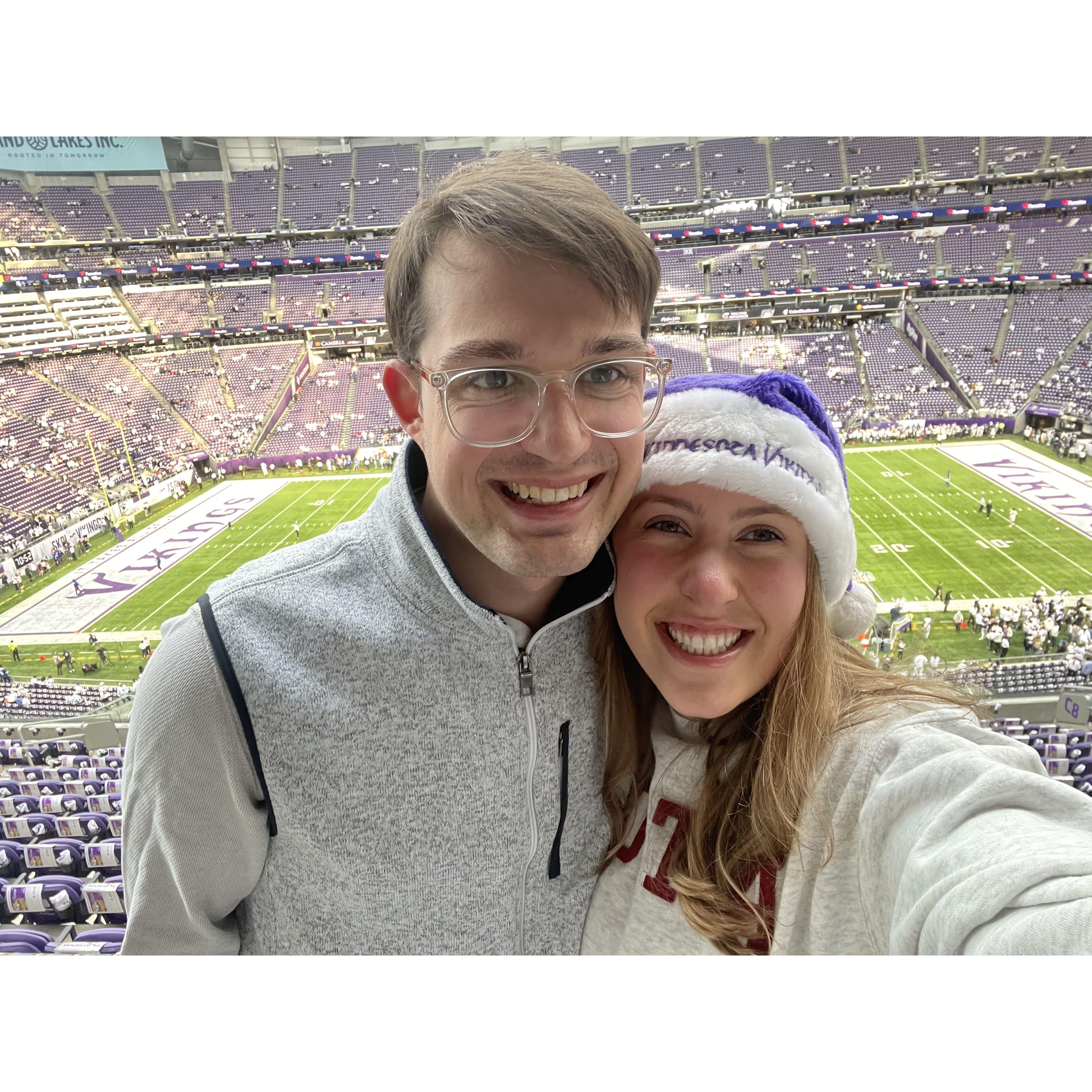 Charlie is an avid football fan and has taught Carrie all she knows. This was taken at the Christmas Eve Whiteout game. Carrie was the only fan who expected the Vikings to make the 60-yard field goal.