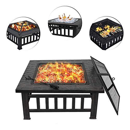ZENY Outdoor 32’’ Metal Fire Pit BBQ Square Table Backyard Patio Garden Stove Wood Burning Fireplace with Spark Screen Cover,Poker,Cover,Grill