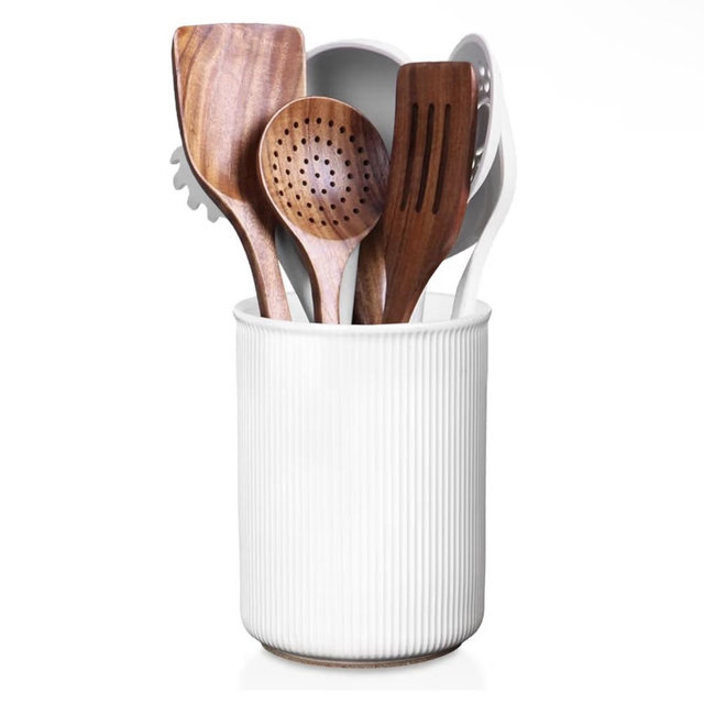 6.7" Utensil Holder, Ceramic Kitchen Utensil Holder with Cork Bottom, Large Utensil Crock for Countertop, Vintage Cooking Tool Organizer Set for Kitchen Counter Decor(White)