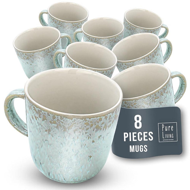 PURE LIVING INTERIOR DESIGN Stoneware Coffee Mugs Set of 8, Stylish Coffee Mug Set modern beige-blue, 14.5 Oz Coffee Cups Ceramic, Dishwasher and Microwave Safe Mug, Ceramic Mug, Coffee Cup Set