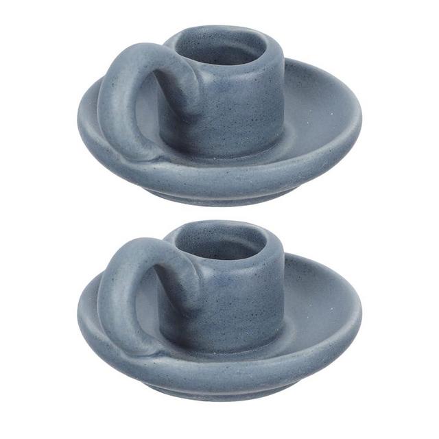 DOITOOL 2Pcs Ceramic Candlestick Holder, Taper Candle Holder with Handle, Nordic Style Candlelight Stand Desktop Ornament (Beige) (Blue)