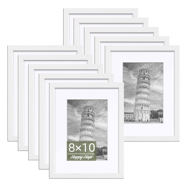 HappyHapi 8x10 Picture Frames Set of 10, 5x7 with Mat or 8x10 Without Mat, Tabletop or Wall Display for Photos, Paintings, Posters, Artwork（White）