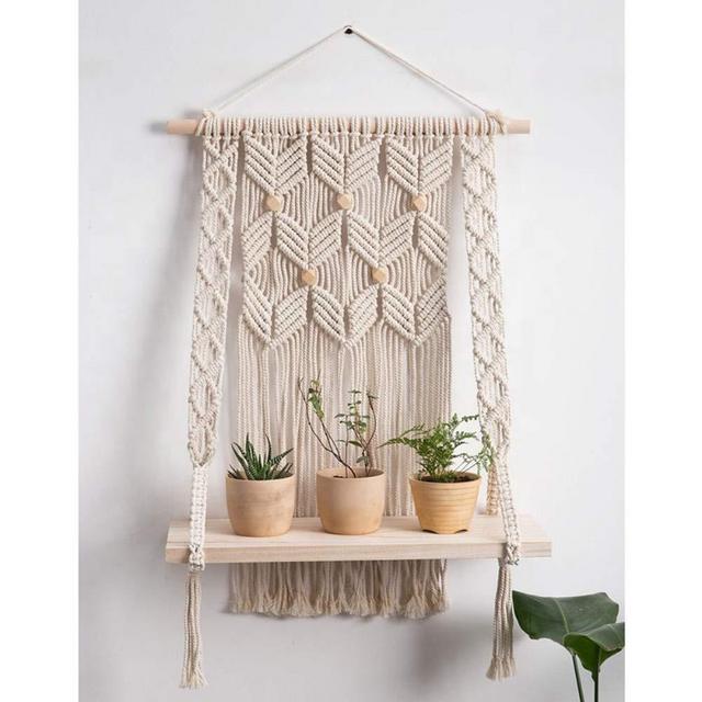 Macrame Wall Hanging Shelf – Woven Hanging Wall Décor - Large Crochet Floating Shelf for Decorations and Flowers - Boho Chic Home Décor Wall Art – Bamboo Wood and Woven Macrame