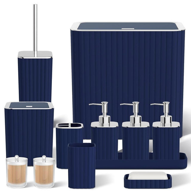 InnJoey Bathroom Accessory Set - Bathroom Set, 27PC Bathroom Accessories Set, Navy Blue Bathroom Sets with Shower Curtain and Rugs, Mini Trash Can, Toilet Brush, Trash Can & Soap Dispenser
