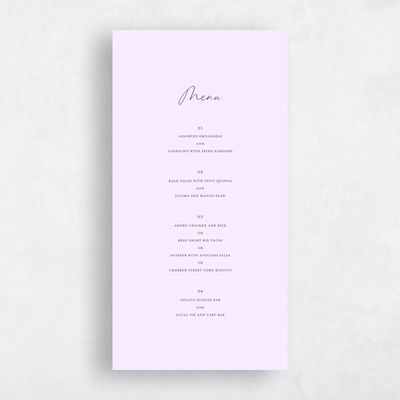 Light Lilac, Purple Wedding Menu - Ivor