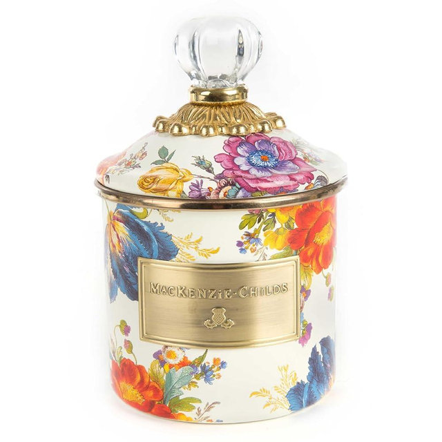 MACKENZIE-CHILDS Demi Enamel Canister, Kitchen Storage Container for Sugar or Loose-Leaf Tea, 24 Ounces, White Flower Market