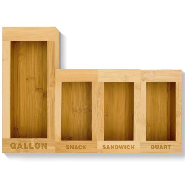 LANDHOME Ziplock Bag Storage Organizer for Drawer - Bamboo Kitchen Food Storage Bag Organizer Holders, Gallon Quart Snack and Sandwich Bag Dispenser Compatible with Ziploc Solimo and More, Set of 4