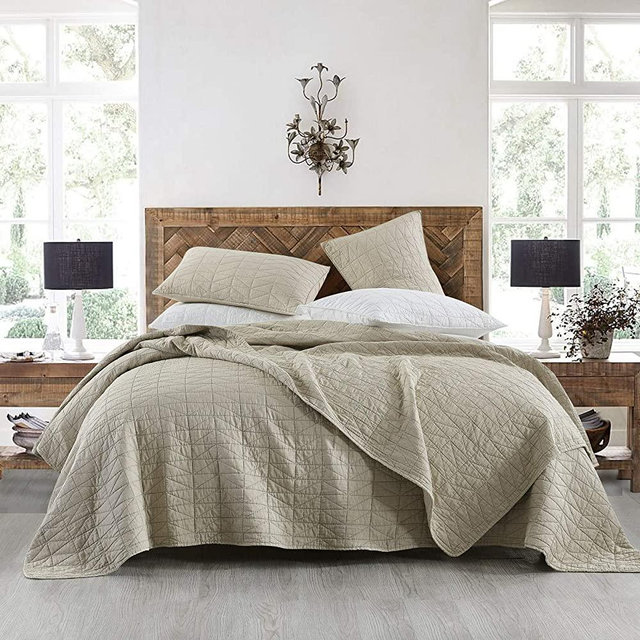 Quilt Set Queen Size, Stone-Washed Chic Rustic Beige Quilt with Classic Triangle Stitched Pattern, Ultra Soft Lightweight Quilted Bedspread for All Season, 3 Pieces
