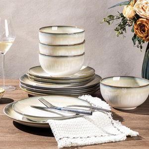 LERATIO Ceramic Dinnerware Sets for 4,Reactive Glaze Plates and Bowls Set with Mugs, Dishwasher,Microwave & Oven Safe Dishes set-Sage Ivory