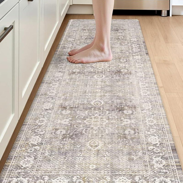 DEXI Kitchen Floor Mats Cushioned Anti Fatigue, 23x86 Long Wide Standing Comfort Runner Rug, Waterproof Retro Floral Memory Foam Padded for Front Sink Laundry, Beige Grey