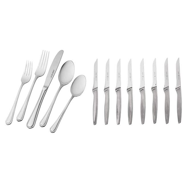 HENCKELS J.A Flatware Set, 65 Piece, Silver,22520-365 & J.A. Henckels International Steak Knife Set of 8, Stainless Steel