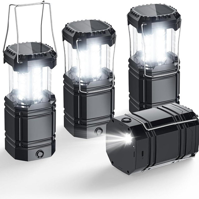 Solar Camping Lantern 4 Pack, Rechargeable LED Lantern with Flashlight, USB-C & Solar Powered, Collapsible Emergency Lights for Hurricane, Power Outages, Outdoor Use