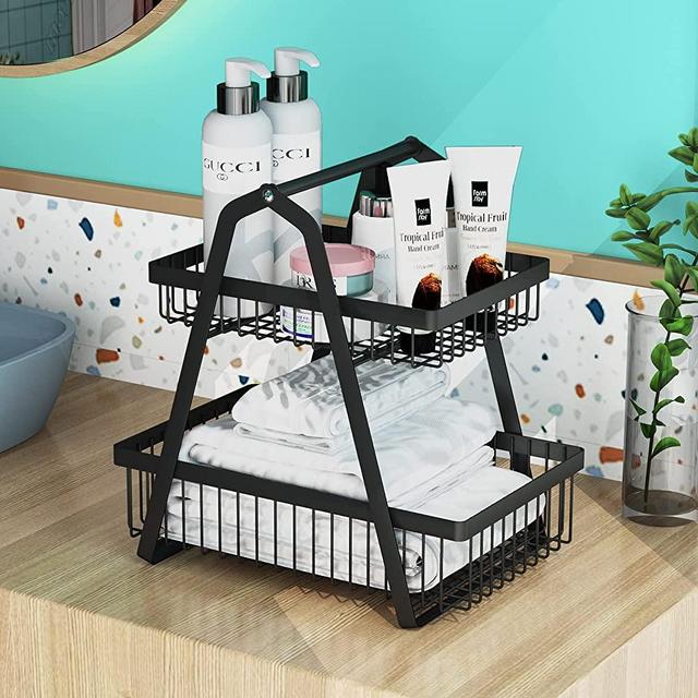 2 Tier Fruit Basket, 1Easylife Fruit Basket Bowl Vegetables Display Stand, Detachable Wire Bathroom Organizer Countertop Storage Shelf, Countertop Metal Storage Rack Kitchen Fruit Holder