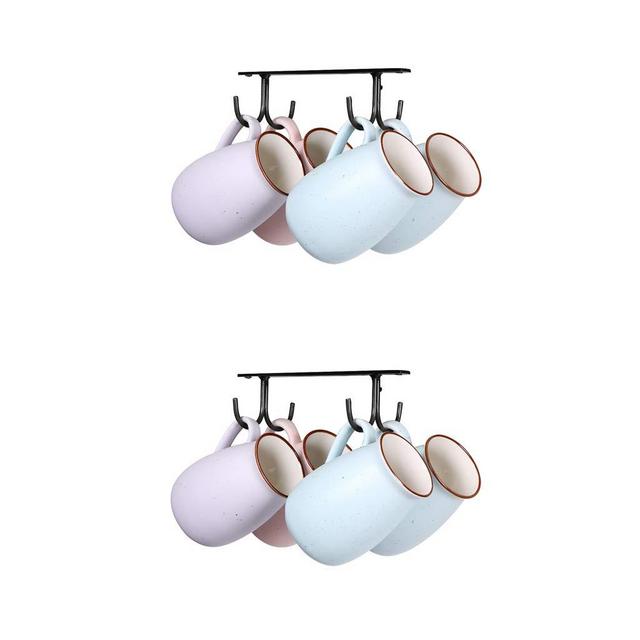 Fvstar 2pcs Mugs Racks Under Cabinet,Coffee Cups Holder,8 Mugs Hooks Under Shelf,Kitchen Mugs Drying Hanging Racks,Bar Mugs Hanger,Black
