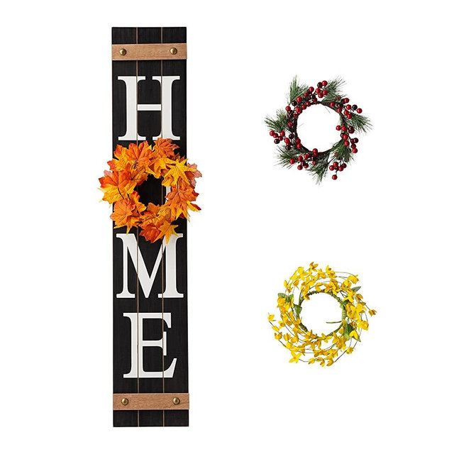 Glitzhome Welcome Sign for Front Door Porch Rustic Farmhouse Wooden Hanging Wall Sign with 3 Interchangeable Floral Wreath for Seasons Spring Summer Fall Harvest Thanksgiving Christmas, 42”H, Black