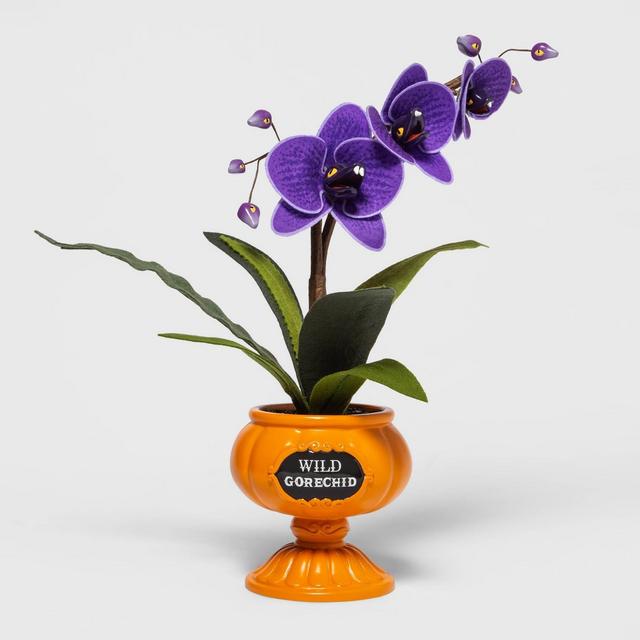 Ghoulish Garden Wild Gorechid Faux Halloween Plant Purple with Medium Pumpkin Planter - Hyde & EEK! Boutique™