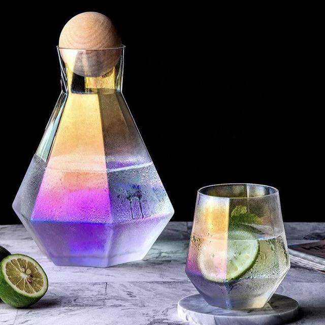 Rainbow Glass Carafe Set, Wine Decanter, Decanter Set, Geometric Juice Pitcher, Glasses, Tray, Wood Ball Cork Stopper, Carafe and Glass Set