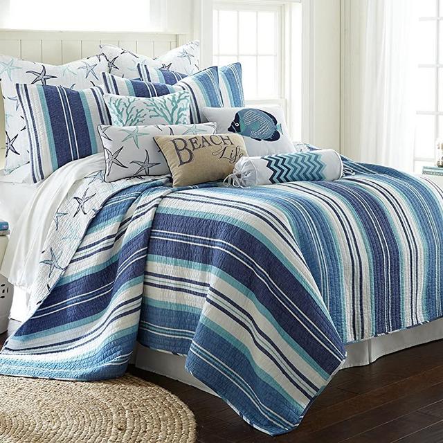 Levtex Home - Camps Bay Quilt Set -King Quilt + Two King Pillow Shams - Striped Coastal Pattern in Navy and Blues - Quilt Size (106 x 92) and Pillow Sham Size (36 x 20) - Reversible Pattern - Cotton