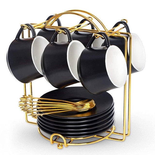 Espresso Cups with Saucers, Spoons and Metal Stand, Lareina Small 4 oz Ceramic Cappuccino Coffee Cups Set of 6, Cute Demitasse Cups with Handle, Tiny Coffee Mugs Set (Black)