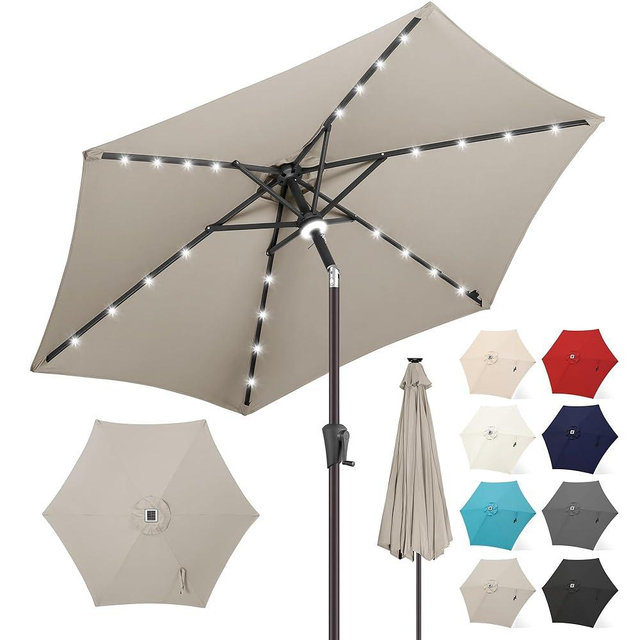 FLAME&SHADE 7.5 ft Solar Powered Outdoor Market Patio Table Umbrella with LED Lights and Tilt, Taupe