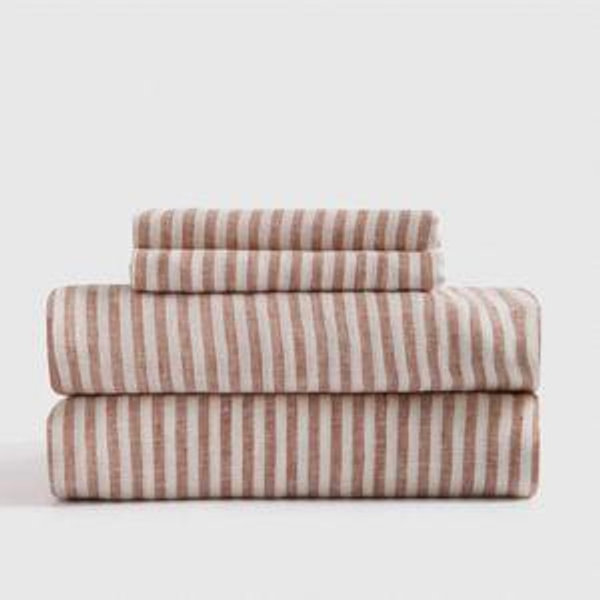 European Linen Sheet Set - King - Terracotta/White Stripe