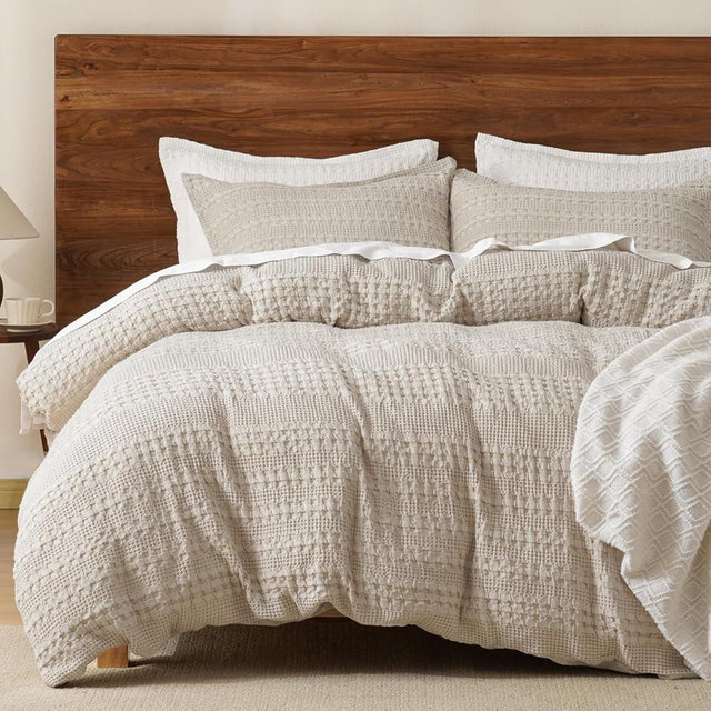 PHF 100% Cotton Waffle Duvet Cover King Size, Soft Breathable Cotton Bedding Duvet Cover Set for All Season, Waffle Weave Textured for Aesthetic Luxury Home Decor, 2 Pillow Shams, 104"x90", Oatmeal