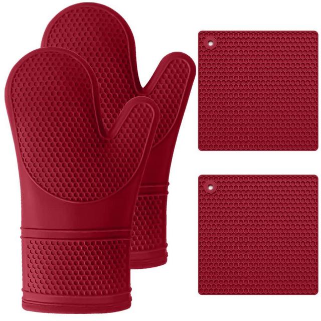 Gorilla Grip Premium Silicone Oven Mitt and Pot Holder 4 Piece Set, Includes 2 Slip Resistant Flexible Kitchen Cooking Mitts and Trivet Mats, Gloves and Potholders for Use on Hot Surfaces, Red