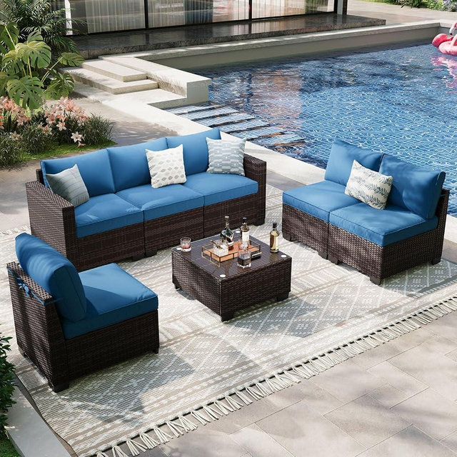 OUGMMGOU 7 Pieces Outdoor Patio Furniture Set, Outdoor Sectional Furniture Set, All-Weather PE Rattan Wicker Sofa with Cushions for Balcony, Deck, Garden