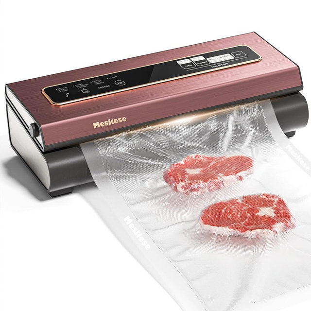 Mesliese Vacuum Sealer Machine Powerful 90Kpa Precision 6-in-1 Compact Food Preservation System Built-in Cutter, 2 Bag Rolls & 5 Pre-cut Bags, Dry&Moist Modes Smart Suction, ETL Listed (Pink)