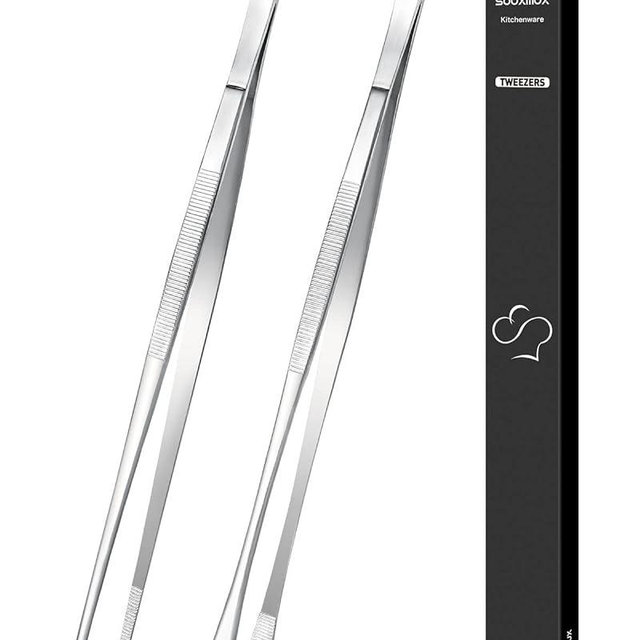 2 Pcs 12-inch Cooking Tweezers Tongs Precision Serrated Tips, Stainless Steel Professional Chef Tweezer Kitchen Tools for BBQ, Plating and Serving（Silver）