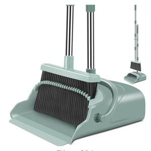 kelamayi Upgrade Broom and Dustpan Set, Large Size and with Long Handle, Upright,Ideal for Indoor Outdoor Garage Kitchen Room Office Lobby Use (Green)
