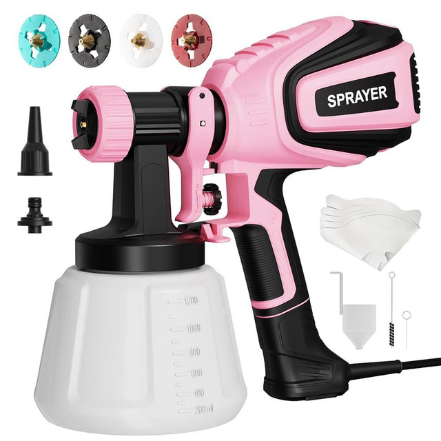 VONFORN Paint Sprayer, 700W HVLP Spray Gun with Cleaning & Blowing Joints, 4 Nozzles and 3 Patterns, Easy to Clean, for Furniture, Cabinets, Fence, Walls, Door, Garden Chairs etc. VF803 Pink