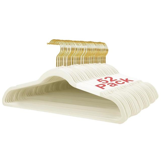 Wellong 52 Packs Velvet Clothes Hangers, 17.3 Inches Non-Slip Skirt and Dress Hangers With Shoulder Notches, Space Saving for Adults - Cream With Gold Hook