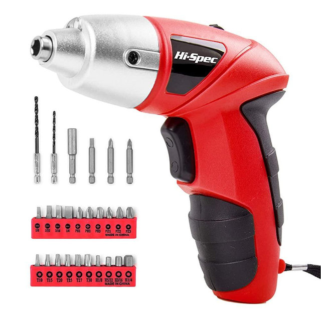 Hi-Spec 27pc 4.8V Red Small Power Electric Screwdriver Set. Cordless & Rechargeable with Driver Bit Set